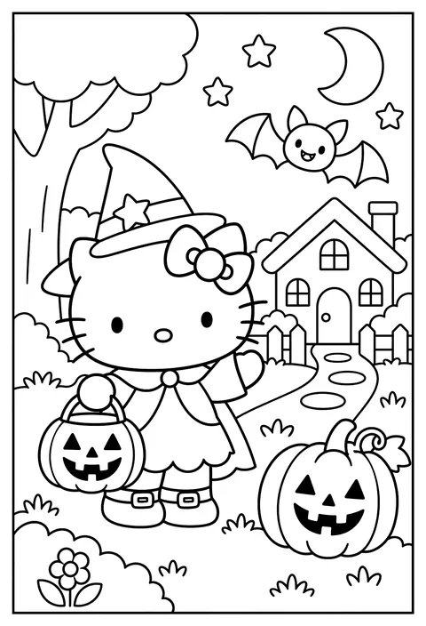 Hello Kitty as a witch for Halloween with a pumpkin basket, a smiling jack-o'-lantern and a friendly bat coloring page