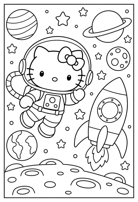 Hello Kitty as an astronaut floating next to a rocket, planets and stars around her coloring page