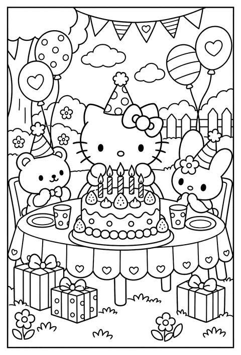 Hello Kitty at her birthday party blowing out candles on a big layered cake, balloons and party hats coloring page
