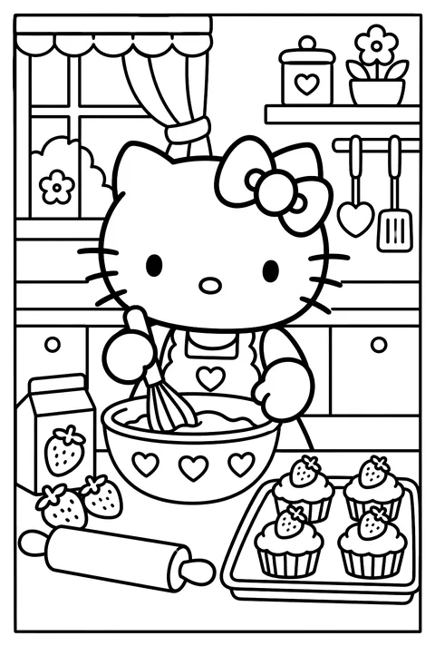Hello Kitty baking strawberry cupcakes in a cozy kitchen, a mixing bowl, a rolling pin and a tray of cupcakes coloring page