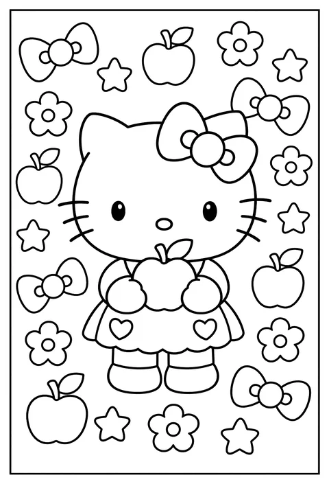 A big Hello Kitty face surrounded by a pattern of bows, apples, flowers and stars coloring page