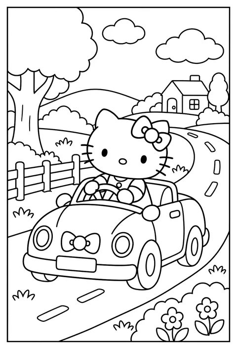Hello Kitty driving a small pink car with a bow on the roof down a country road coloring page