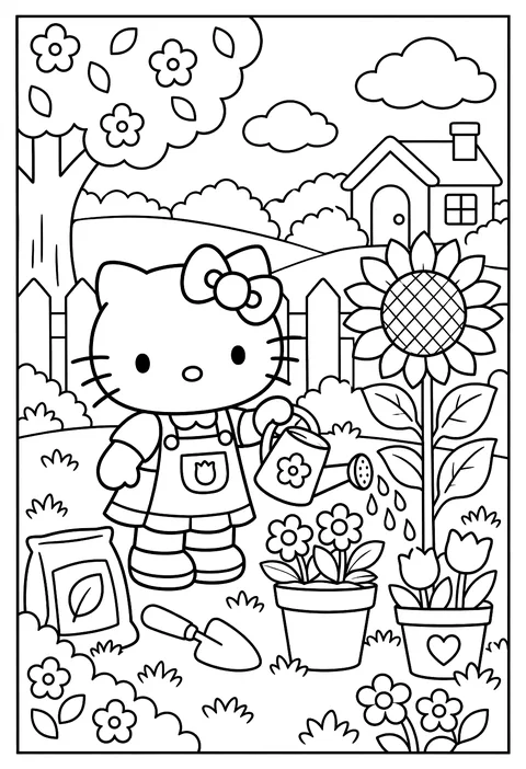 Hello Kitty gardening coloring page