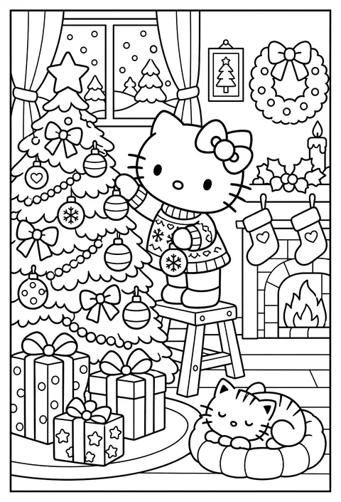 Hello Kitty in a Christmas sweater decorating a tree with bows and ornaments, presents underneath coloring page