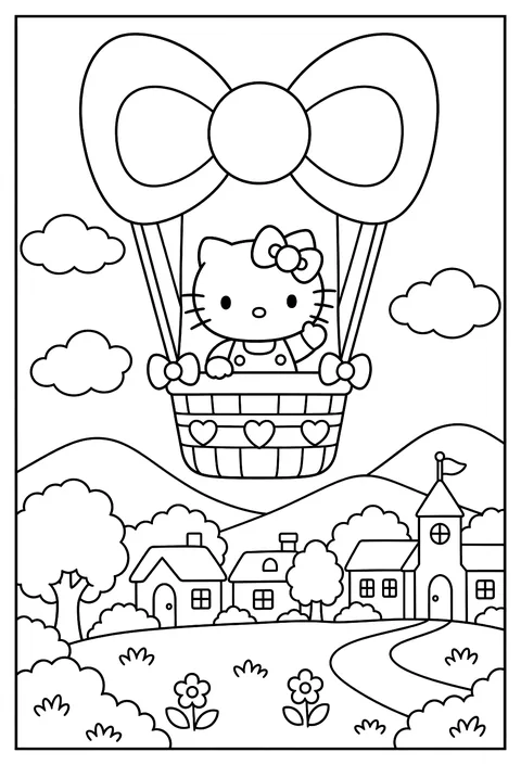 Hello Kitty in a hot air balloon shaped like her bow floating over a small town coloring page