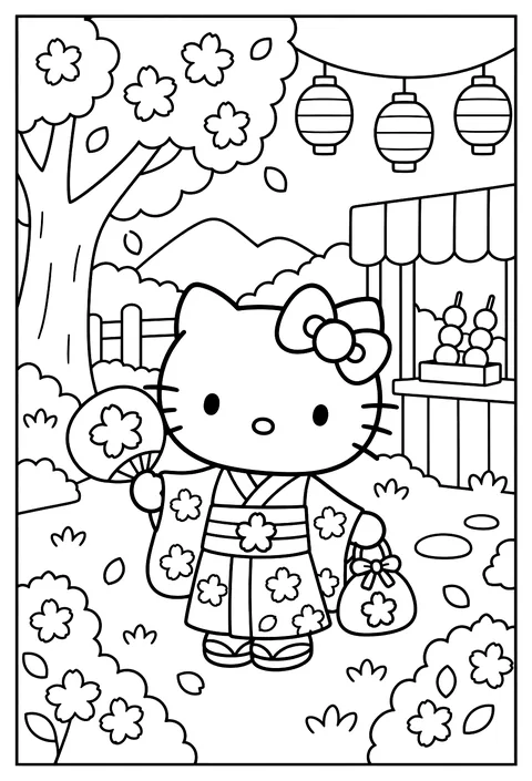 Hello Kitty in a kimono at a cherry blossom festival with paper lanterns coloring page