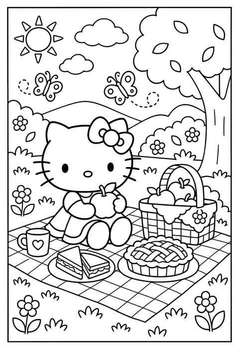 Hello Kitty on a picnic blanket with apple pie, sandwiches and a basket, butterflies around coloring page