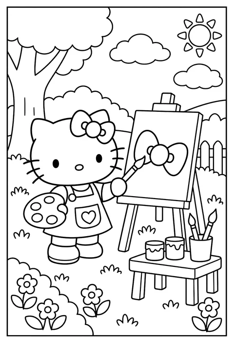 Hello Kitty painting at an easel, a palette and brushes, the canvas shows a big bow coloring page