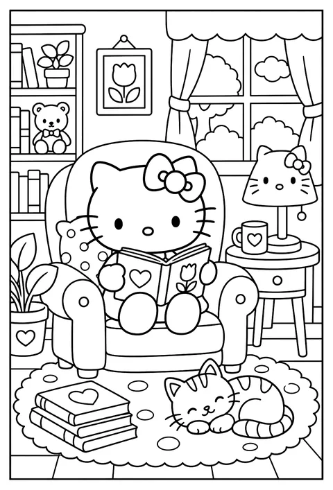Hello Kitty reading a storybook in a big armchair with a cat-shaped lamp coloring page