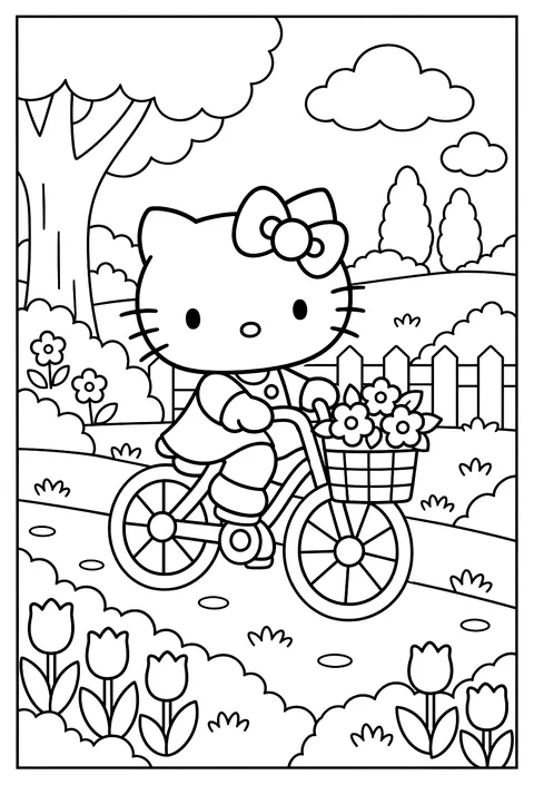 Hello Kitty riding a bicycle with a flower basket through a park with tulips and a picket fence coloring page