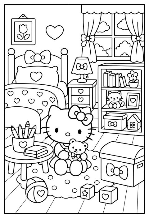 Hello Kitty's bedroom cutaway coloring page