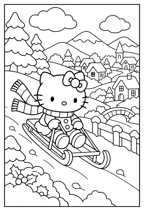 Hello Kitty sledding down a snowy hill with a scarf flying, a village below coloring page
