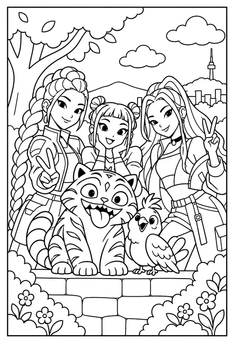 Derpy the blue tiger and Sussie the bird sitting together on a wall coloring page