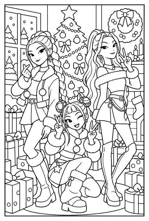 HUNTR/X in Christmas outfits with a decorated tree coloring page