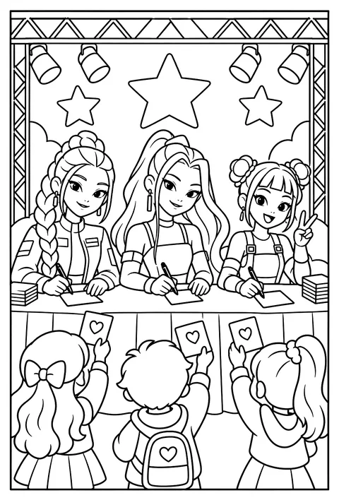 HUNTR/X on a fan meet stage signing autographs coloring page