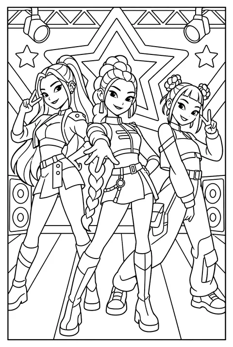 HUNTR/X posing for an album cover in matching stage outfits coloring page