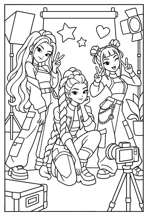 Mira and Zoey at a photo shoot with cameras and lights coloring page