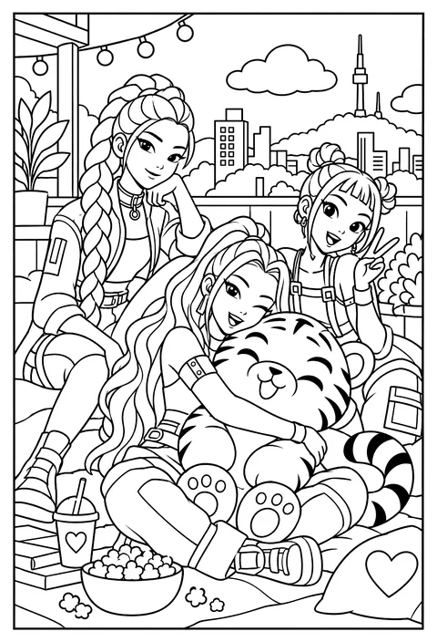 Mira hugging a big stuffed tiger coloring page