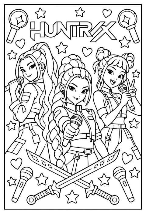 A pattern page of microphones, swords, stars and light sticks around the HUNTR/X logo coloring page