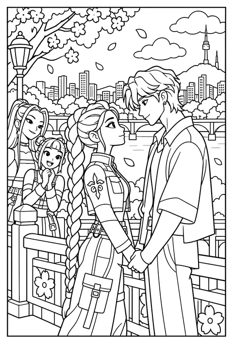 Rumi and Jinu face to face on a bridge over the Han river coloring page