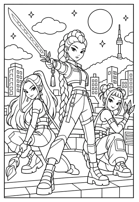 Rumi holding her glowing sword in a hero pose on a Seoul rooftop at night coloring page