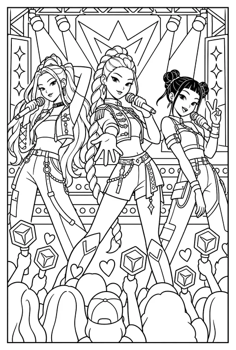 Rumi in a golden stage outfit with a light stick crowd coloring page