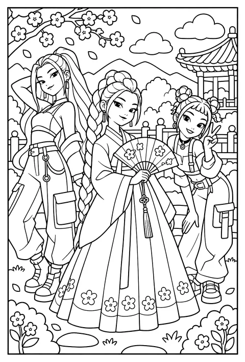 Rumi in a traditional hanbok with a fan coloring page