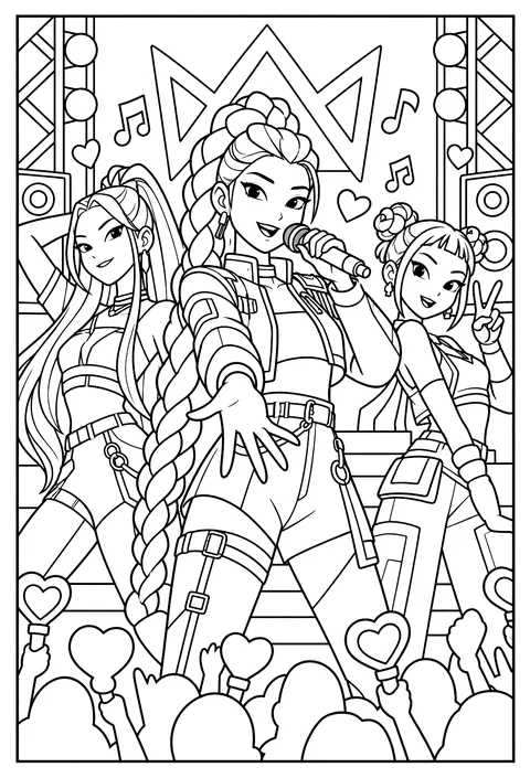 Rumi singing into a microphone with musical notes around her coloring page