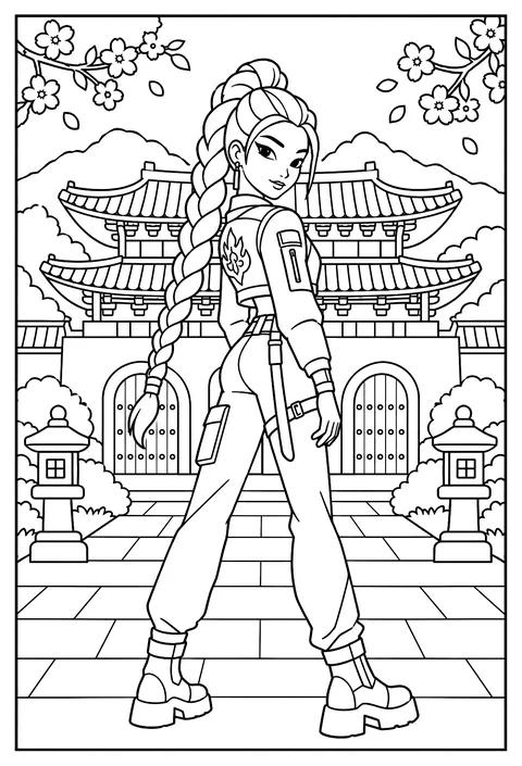 Rumi standing in front of a Korean palace gate coloring page