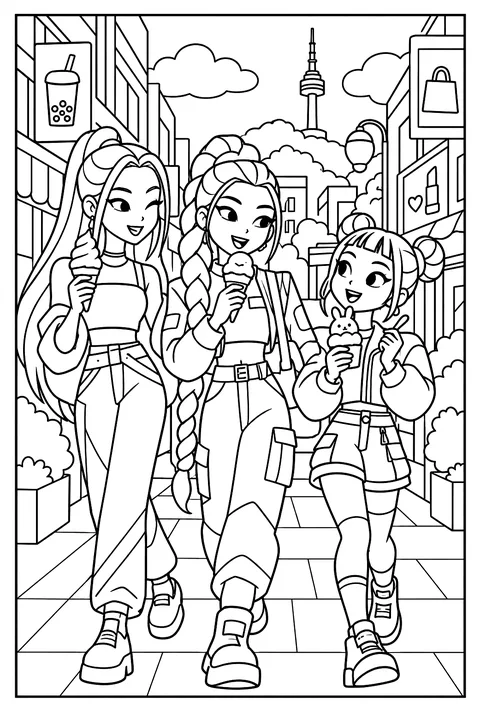 The girls eating ice cream in Myeongdong street with shop signs coloring page
