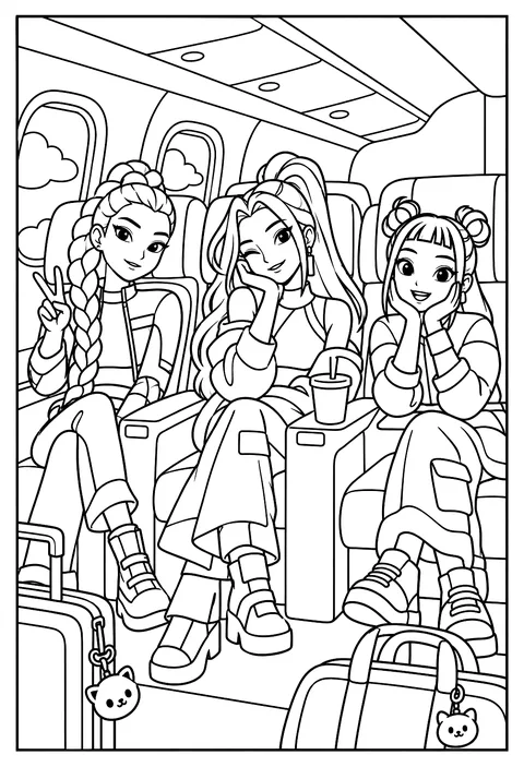 The three girls on a plane in first class seats traveling to a concert coloring page