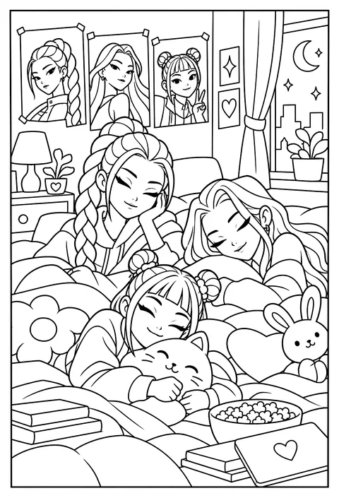 The three girls sleeping in a shared dorm room with posters coloring page