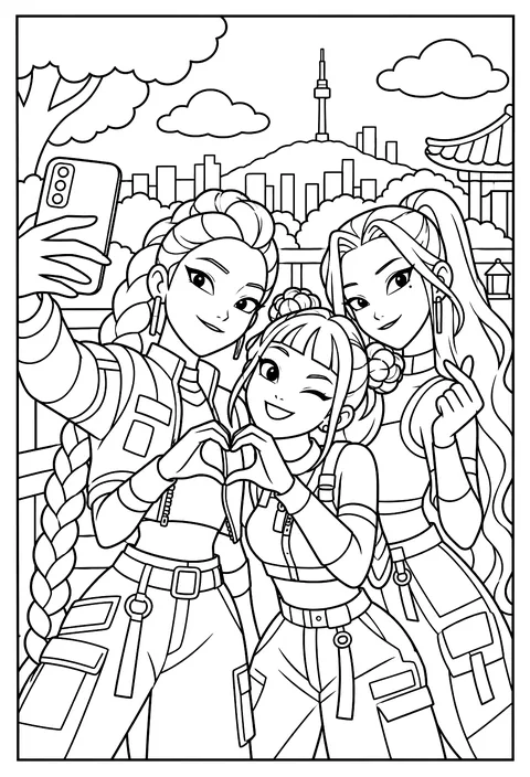 The three girls taking a selfie together making heart hands coloring page