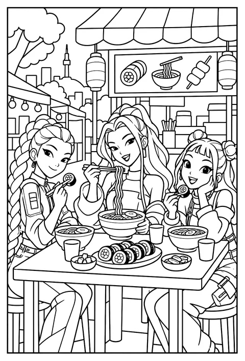 The three HUNTR/X girls eating kimbap and ramen together at a street food stall coloring page