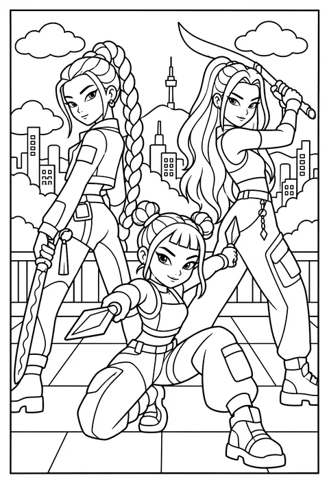 Zoey throwing her knives in an action pose with space buns coloring page
