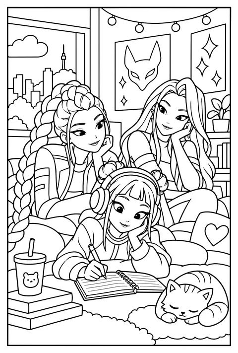 Zoey writing song lyrics in a notebook with headphones on coloring page