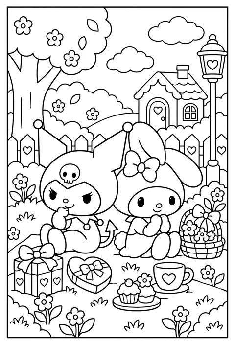 Kuromi and My Melody back to back, Kuromi grinning and My Melody smiling coloring page