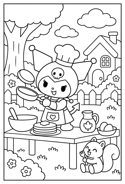 Kuromi as a chef flipping pancakes in a black apron coloring page