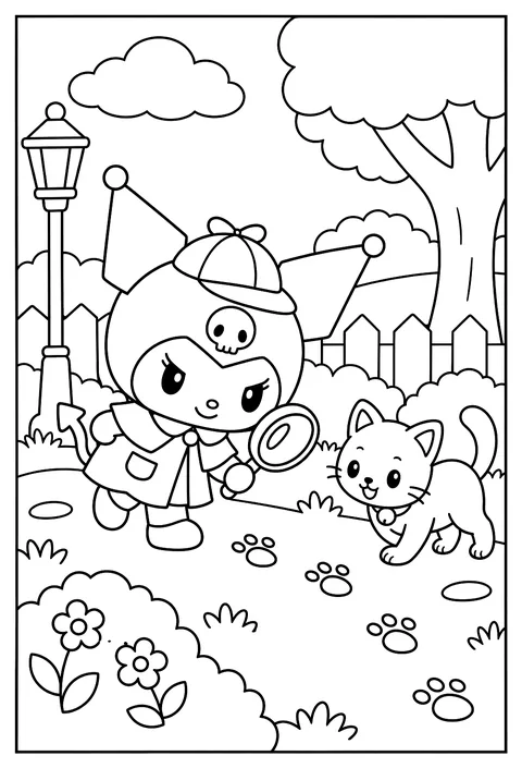 Kuromi as a detective with a magnifying glass following paw prints coloring page