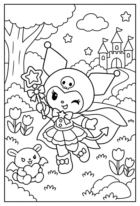 Kuromi as a magical girl with a star wand and a flowing cape coloring page
