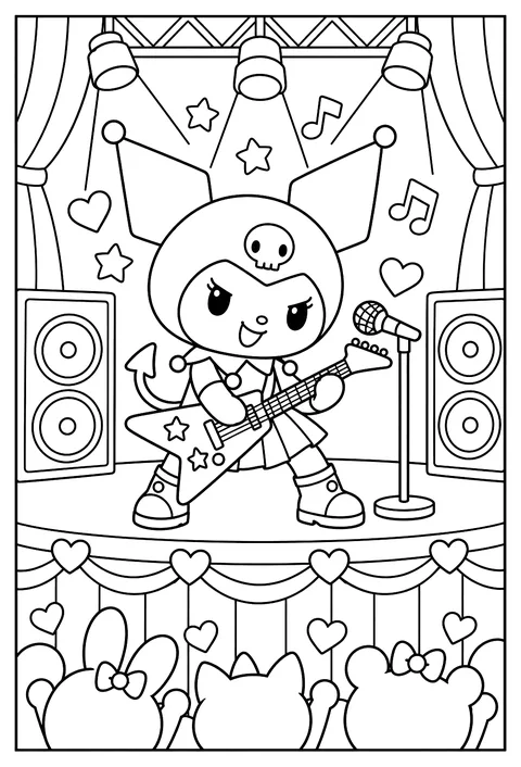 Kuromi as a rock star playing an electric guitar on a stage with speakers coloring page