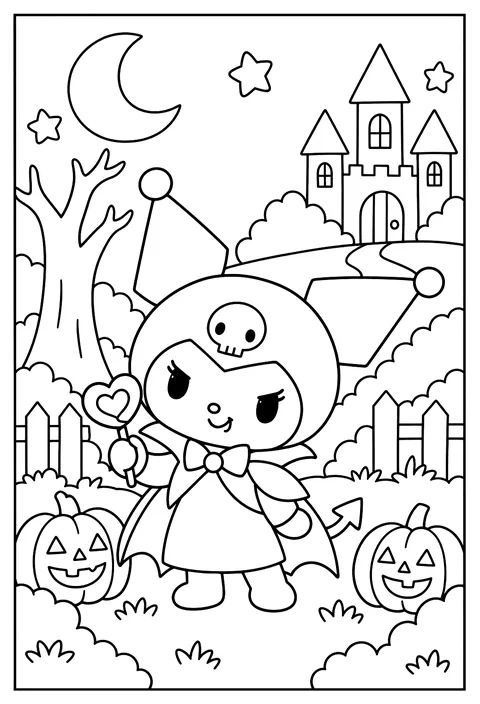 Kuromi as a vampire with a cape holding a heart-shaped lollipop coloring page