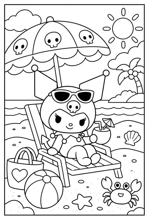 Kuromi at the beach under a skull-print umbrella with sunglasses coloring page