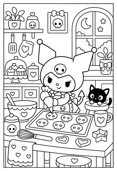 Kuromi baking skull-shaped cookies in a spooky-cute kitchen coloring page