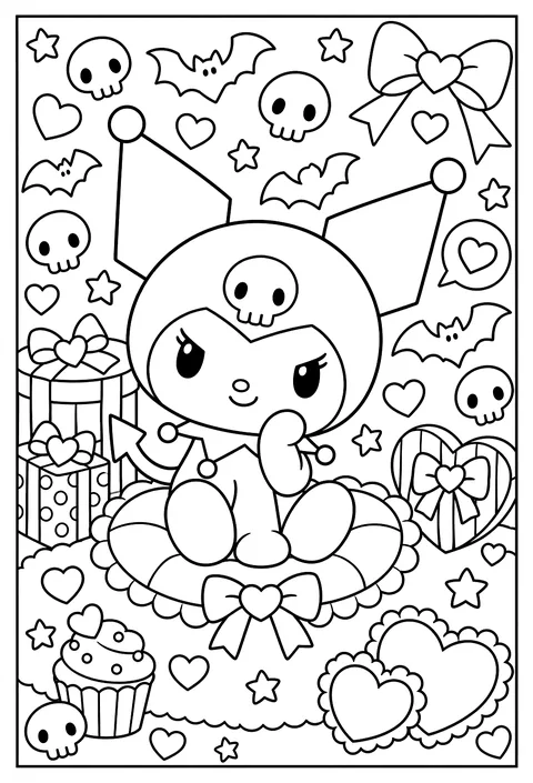 A big Kuromi face surrounded by a pattern of skulls, hearts, bats and stars coloring page
