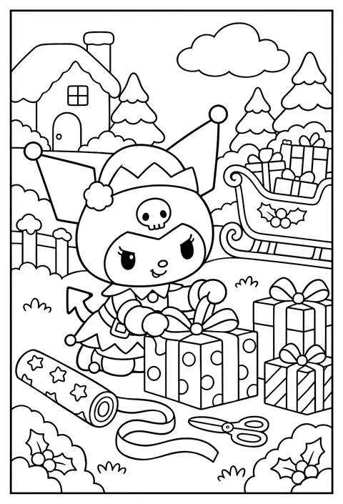 Kuromi in a Christmas elf outfit wrapping presents, a sleigh in the background coloring page