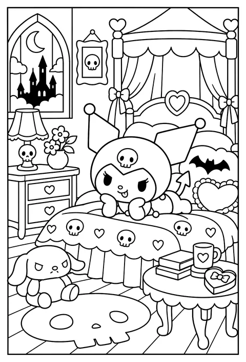 Kuromi in a gothic castle bedroom with a canopy bed and bat-shaped pillows coloring page