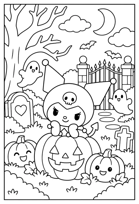 Kuromi in a Halloween graveyard with cute ghosts, pumpkins and a crooked gate coloring page