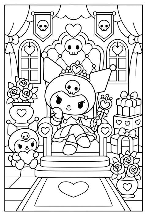 Kuromi in a tiara on a throne with a skull emblem coloring page