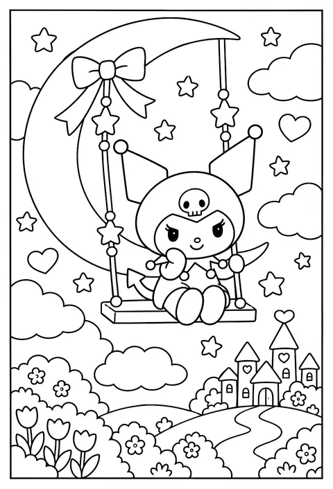 Kuromi on a swing hanging from a crescent moon coloring page